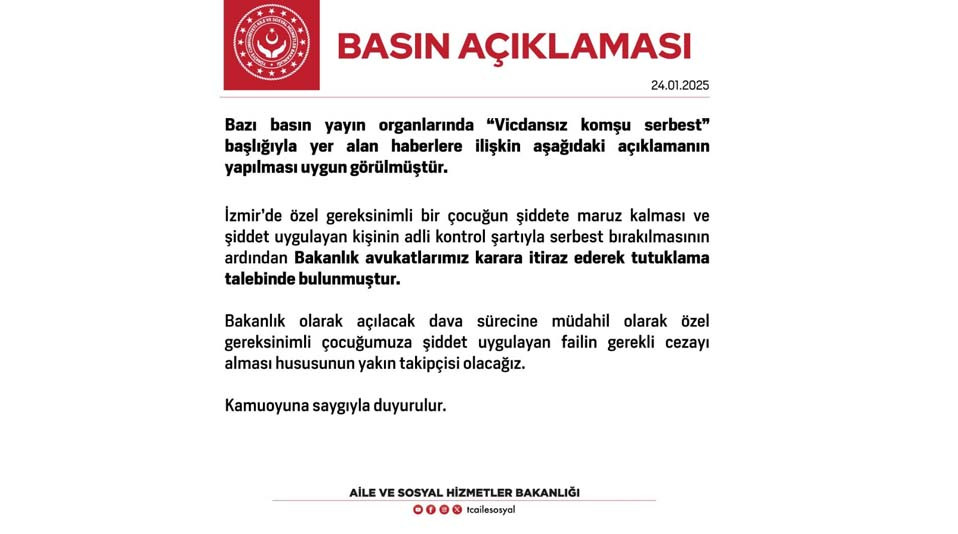 Aile ve Sosyal Hizmetler Bakanlığı'ndan Açıklama: 